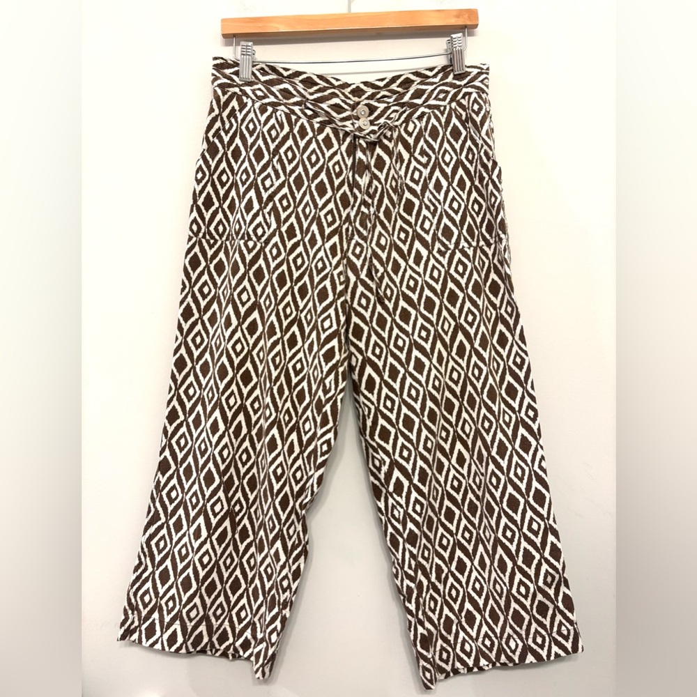Wide Leg Crop Pants Linen Blend Brown Cream Pockets‎ Comfort Women’s Size 10